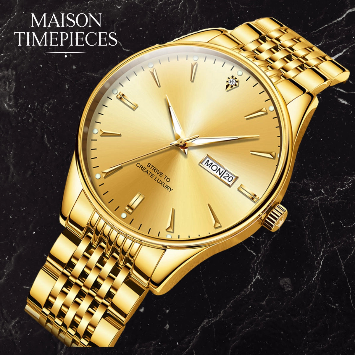 Gold wristwatch with a black marble background and 'Maison Timepieces' branding.