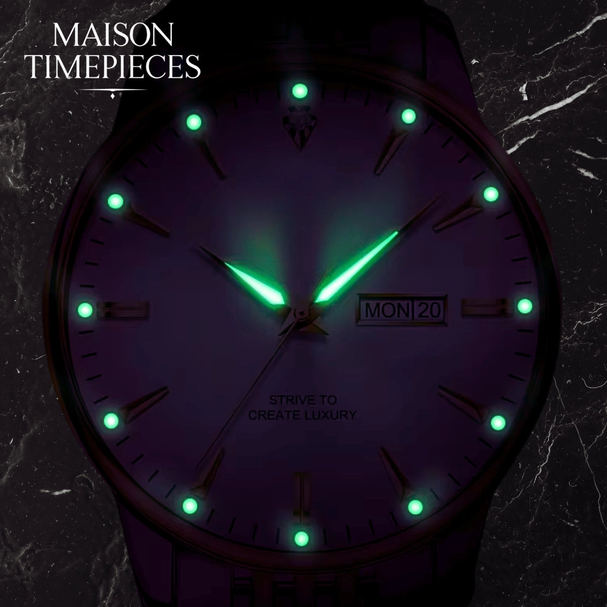 Watch with glowing green hands and markers on a dark background, branded 'Maison Timepieces'.