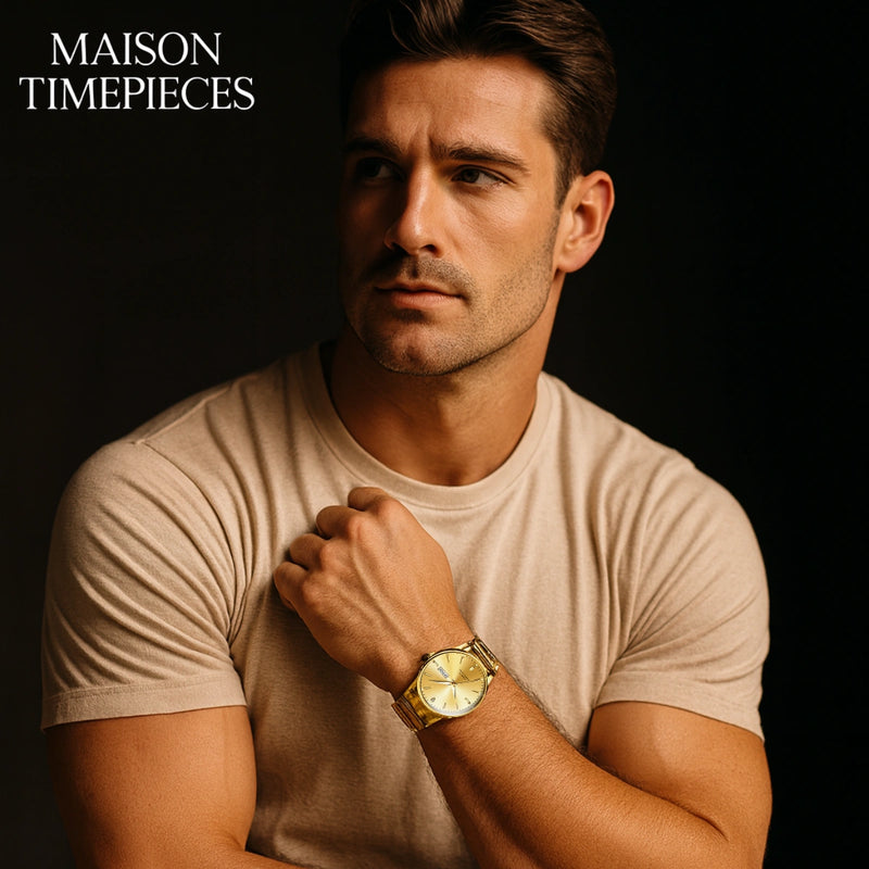 Man wearing a gold watch with 'MAISON TIMEPIECES' branding in the background