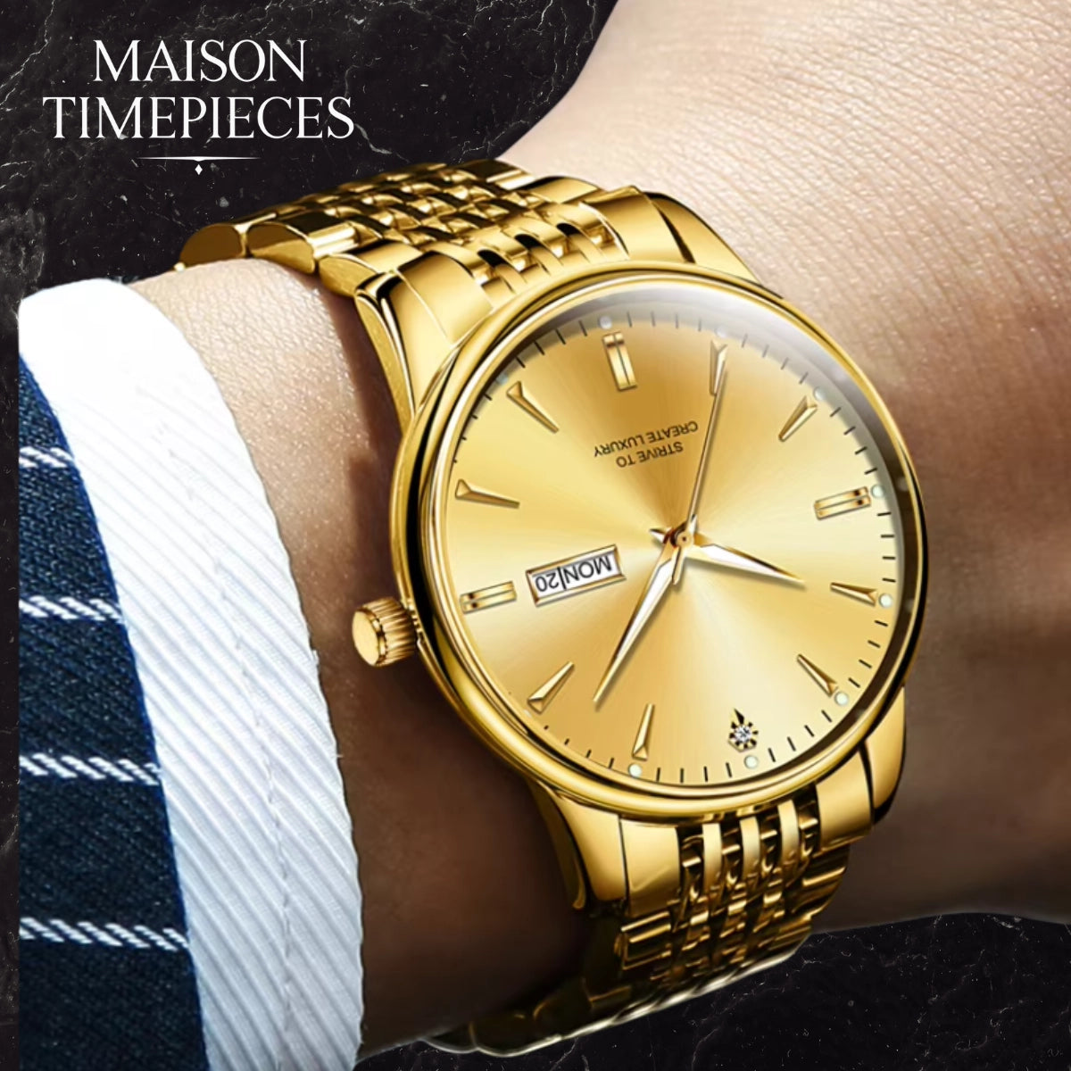 Gold wristwatch on a person's wrist with 'Maison Timepieces' branding.