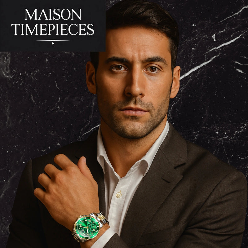 Man wearing a watch with a dark marble background and 'Maison Timepieces' branding.