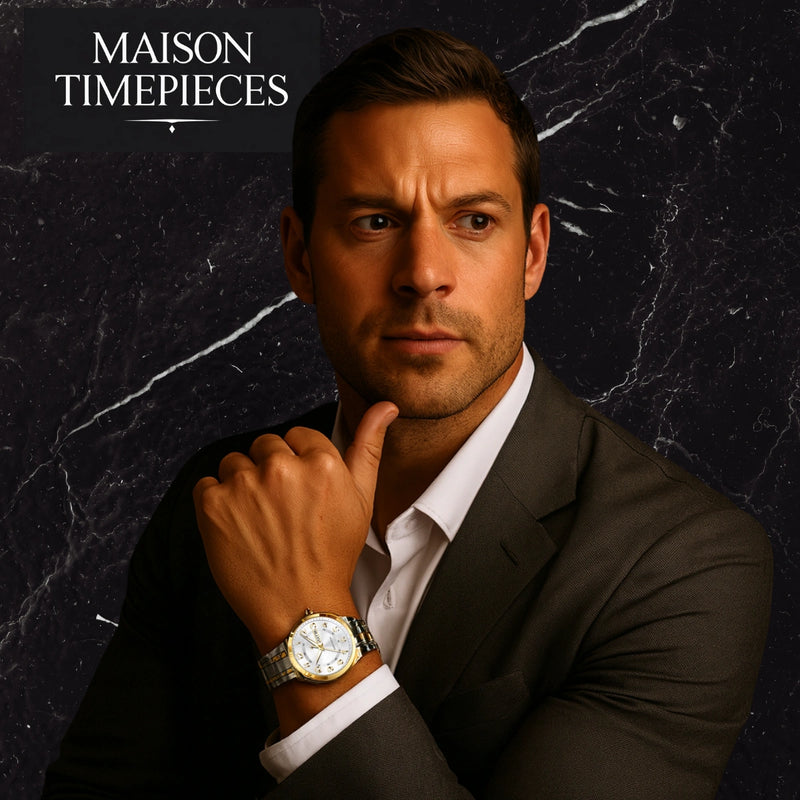 Man wearing a watch with 'Maison Timepieces' branding on a dark marble background