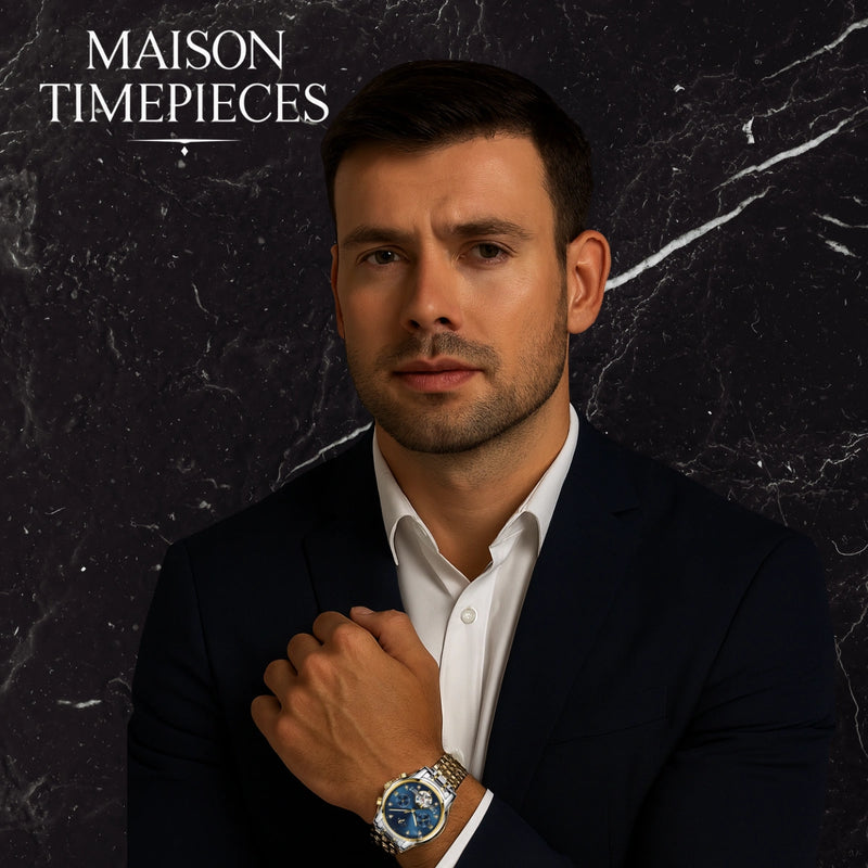 Man wearing a watch with 'Maison Timepieces' branding on a dark marble background