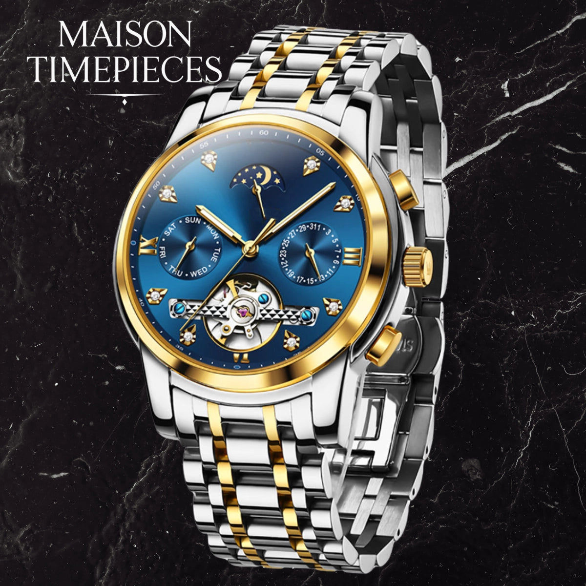 Luxury watch with blue face and gold accents on a dark marble background, branded 'Maison Timepieces'.