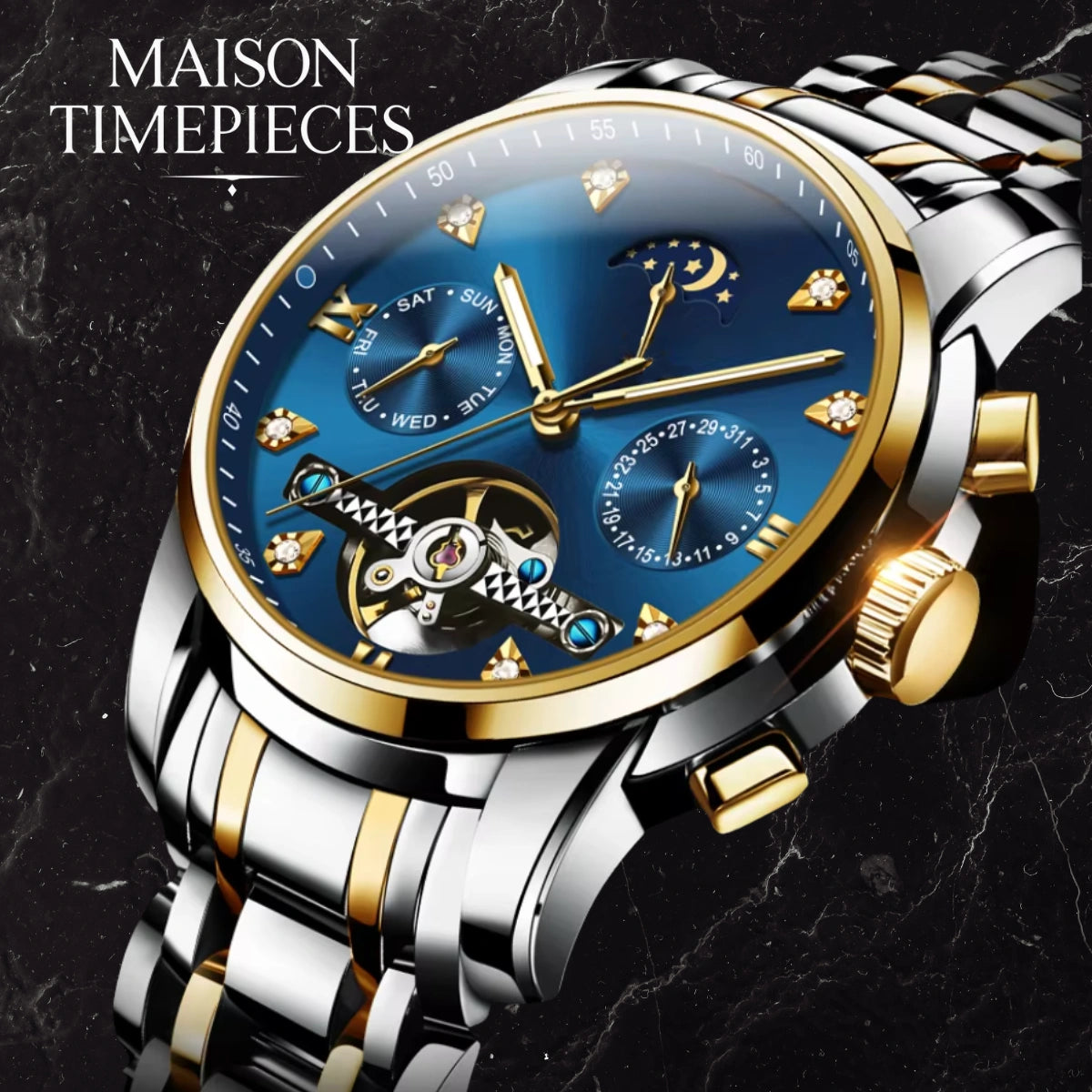 Luxury watch with blue dial and gold accents on a dark background, branded 'MAISON TIMEPIECES'.