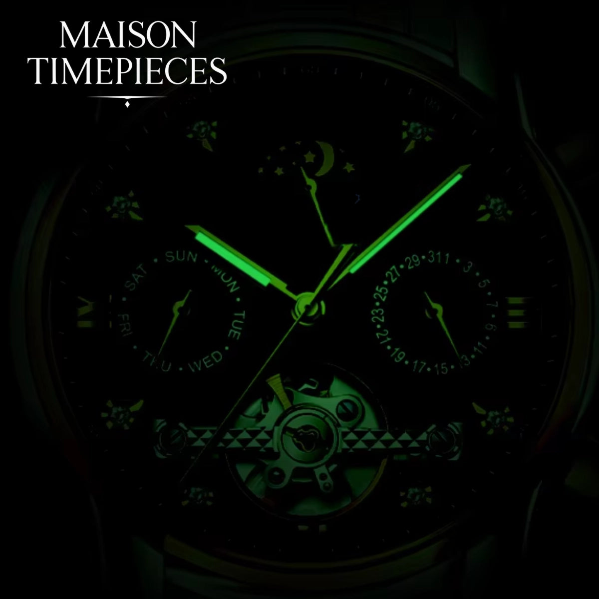 Watch with glowing green face and Maison Timepieces branding
