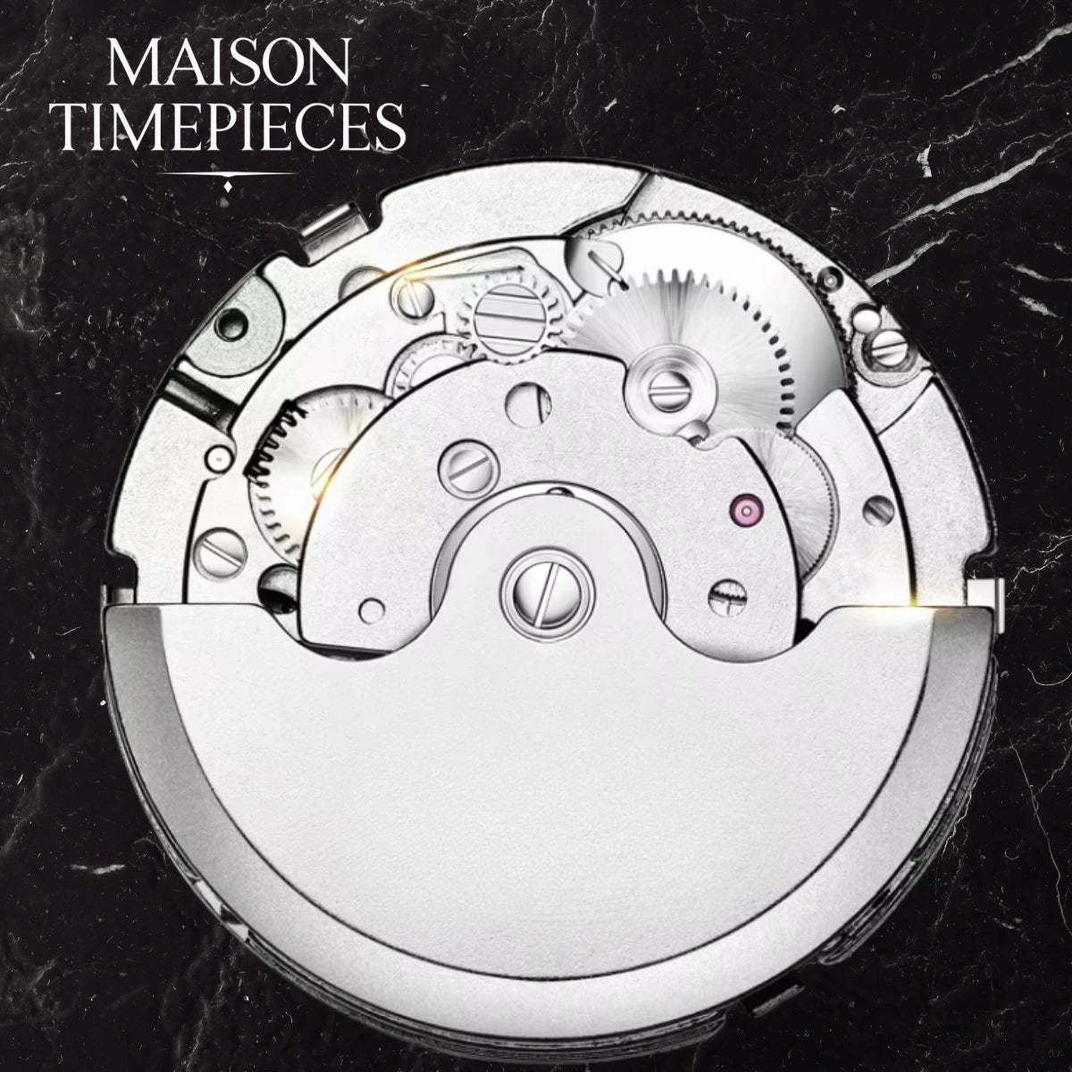 Watch mechanism with 'MAISON TIMEPIECES' text on a dark background