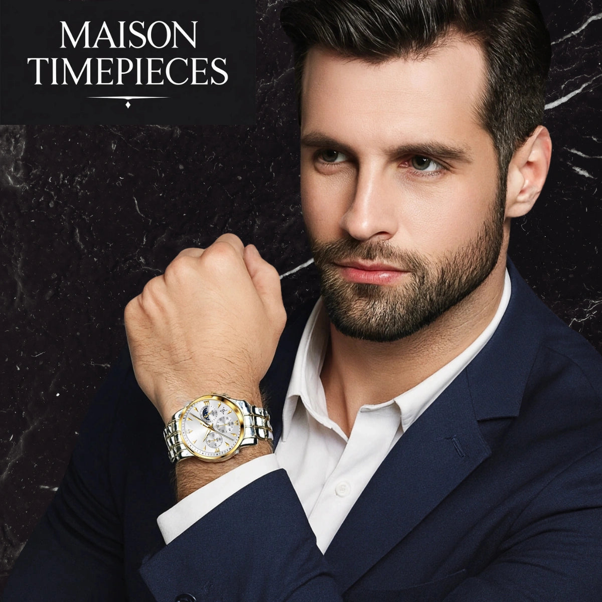Man wearing a watch with 'MAISON TIMEPIECES' branding in the background