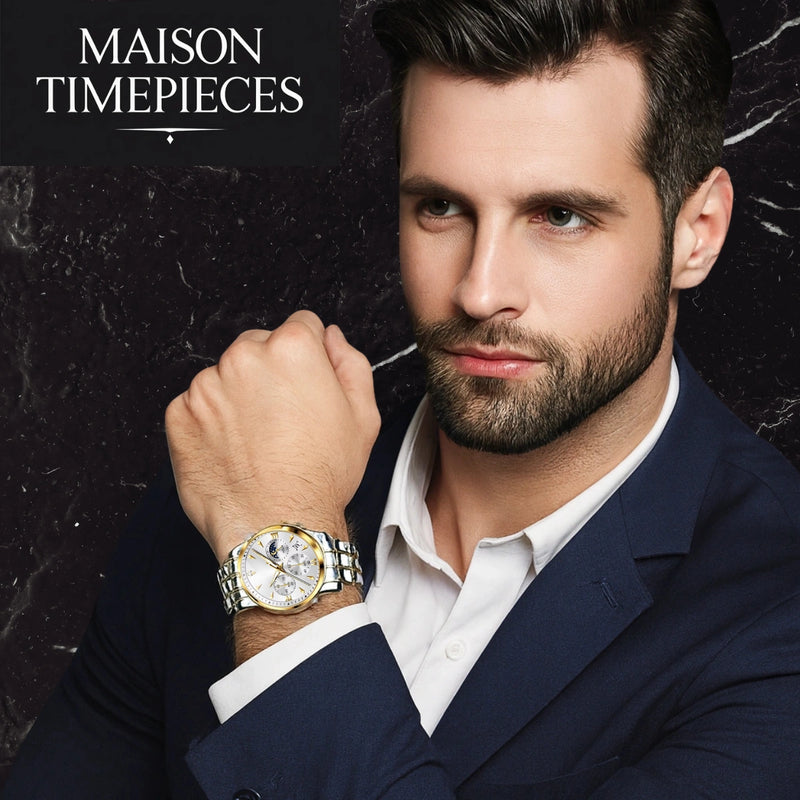 Man wearing a watch with 'MAISON TIMEPIECES' branding in the background
