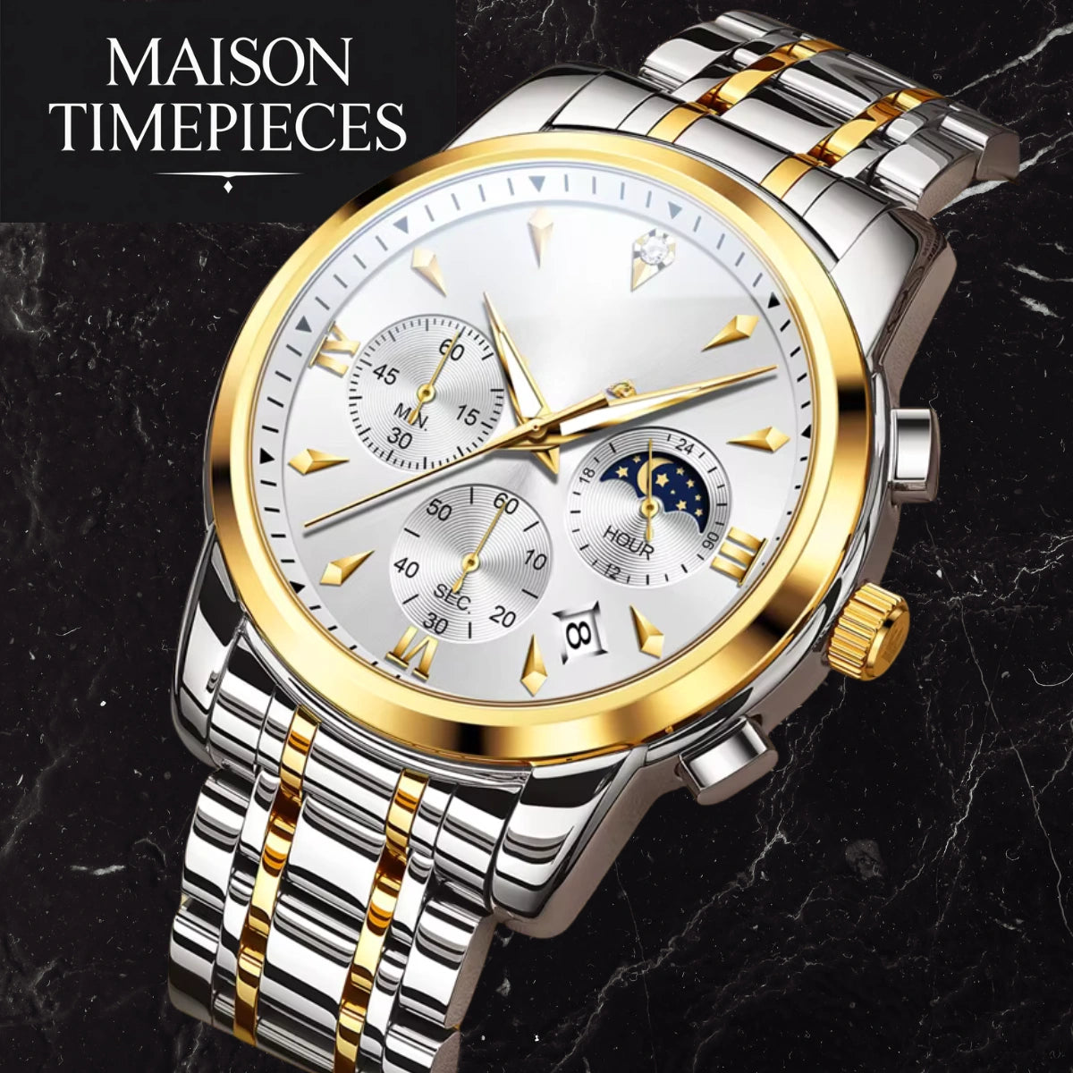 Luxury watch with silver and gold band on a dark marble background, branded 'MAISON TIMEPIECES'.