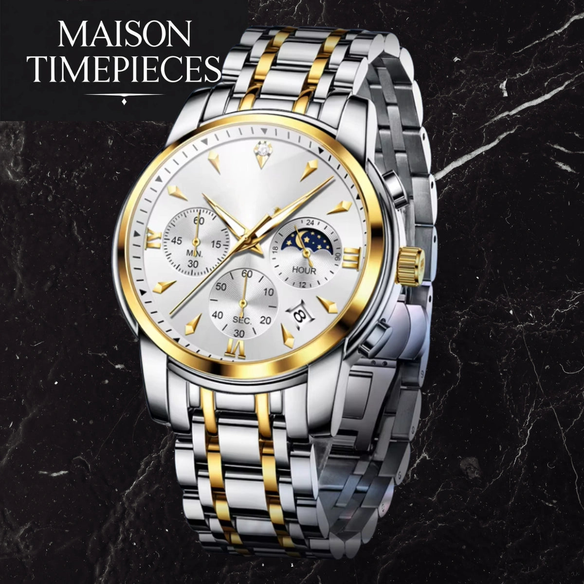 Luxury watch with silver and gold band on a dark marble background, featuring 'MAISON TIMEPIECES' text.