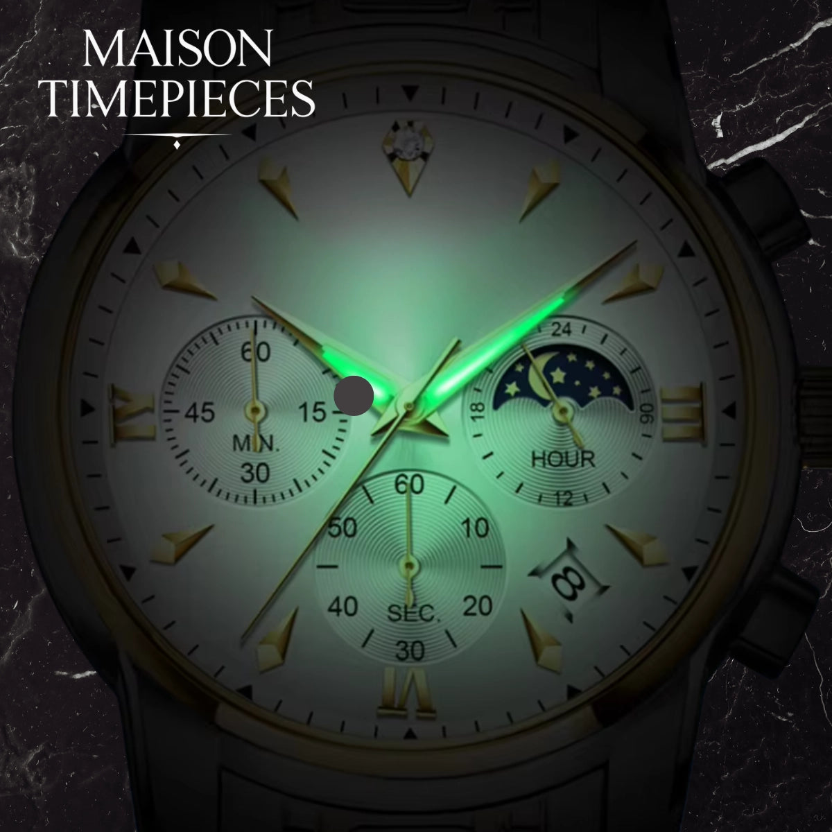 Watch with glowing green hands on a dark background, labeled 'MAISON TIMEPIECES'.