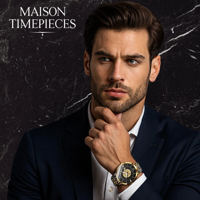 Man wearing a watch with 'MAISON TIMEPIECES' text on a dark marble background