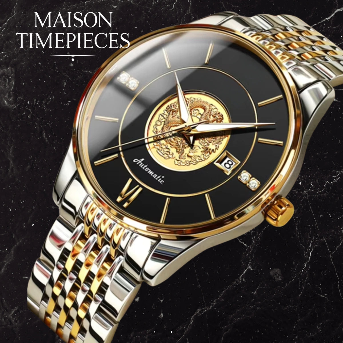 Luxury watch with gold and silver band on a dark marble background, featuring 'MAISON TIMEPIECES' text.