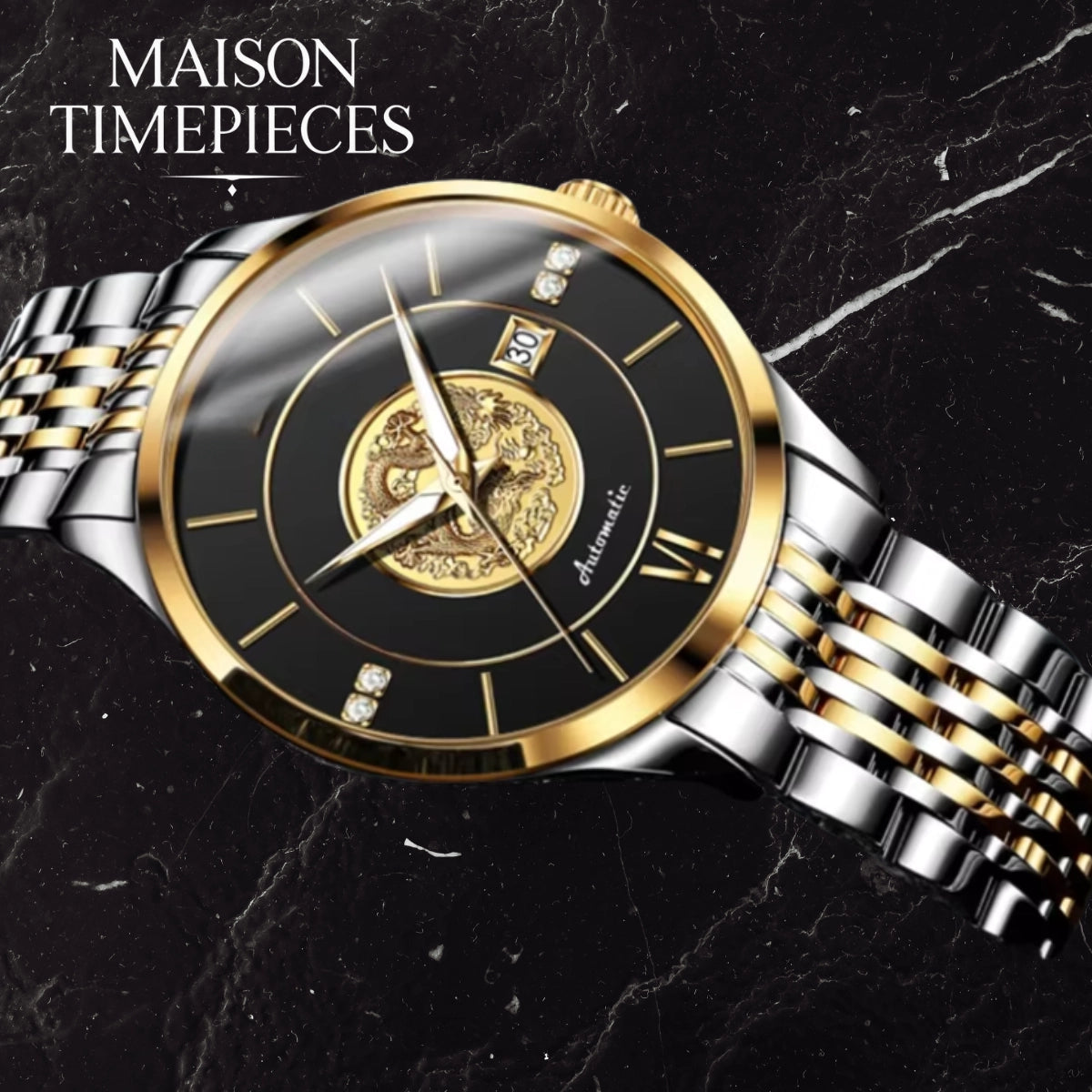Luxury watch with gold and silver band on black marble background, brand 'MAISON TIMEPIECES' visible.
