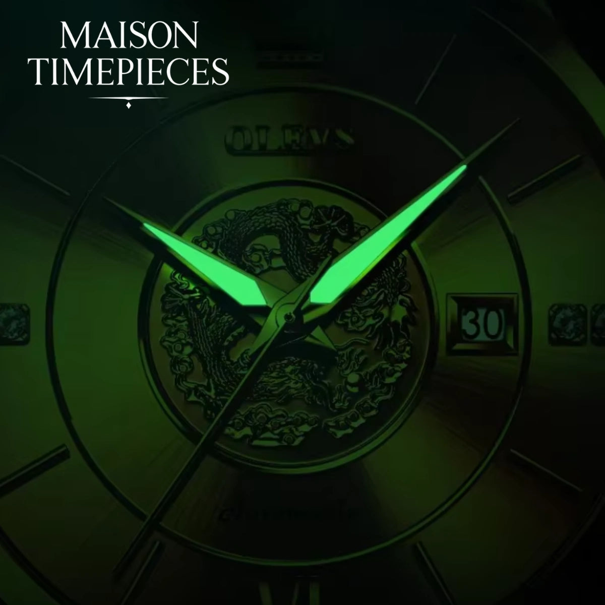 Close-up of a clock face with green glowing hands, brand 'MAISON TIMEPIECES' at the top.