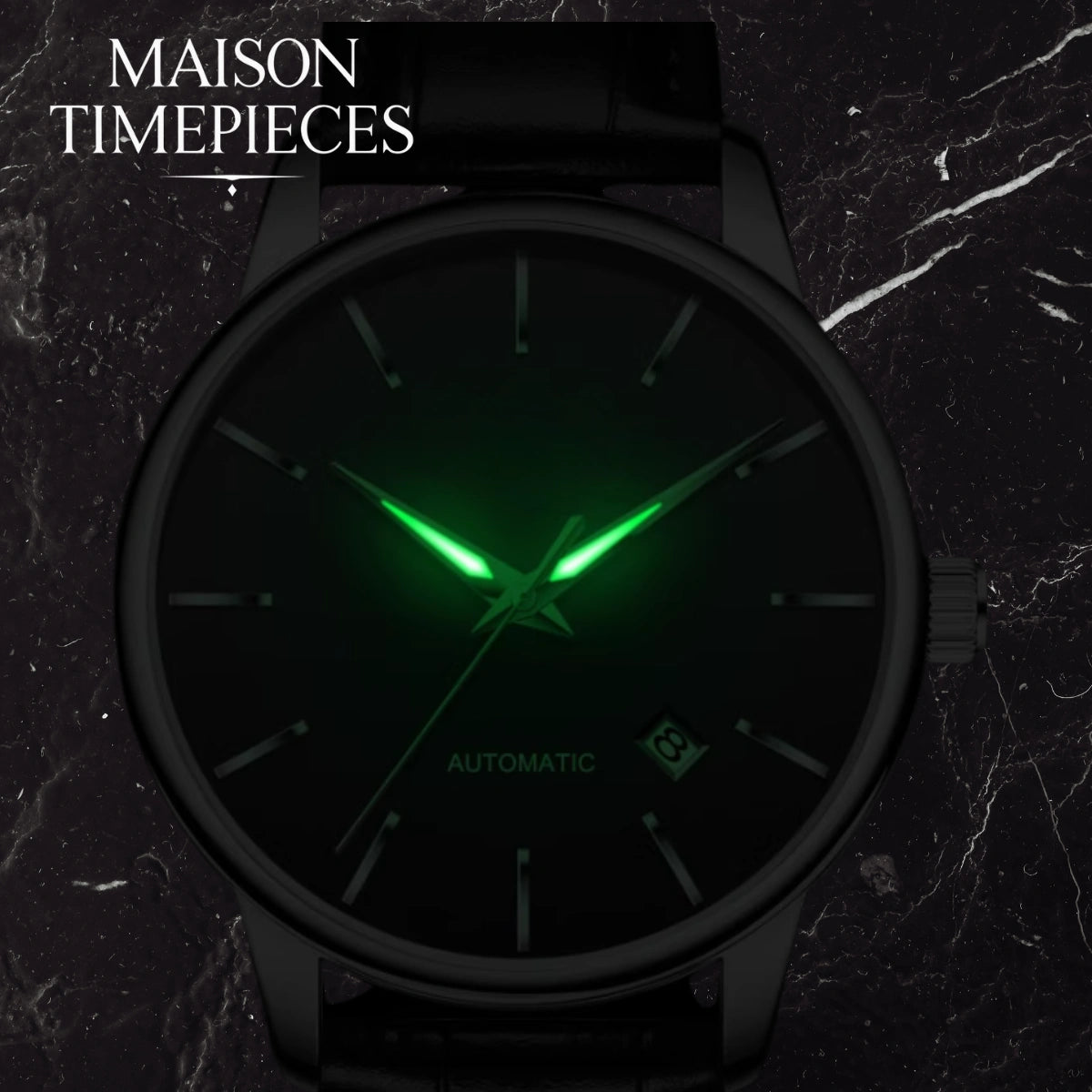 Black watch with green glowing hands on a dark marble background, featuring 'MAISON TIMEPIECES' text.