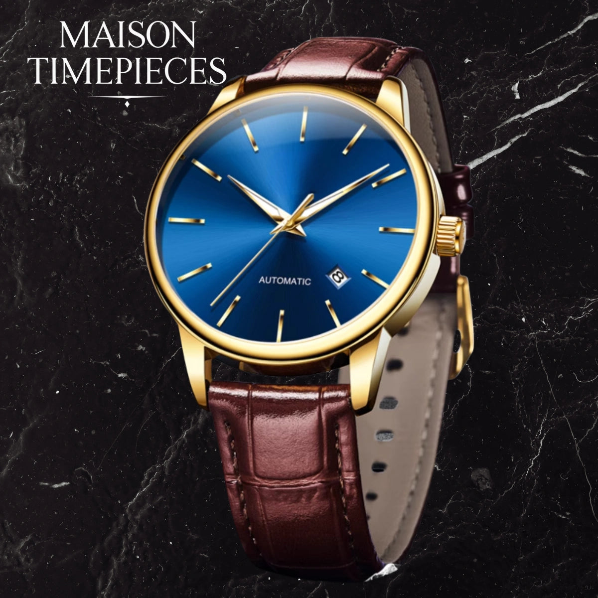Watch with blue face and brown leather strap on a dark marble background, branded 'MAISON TIMEPIECES'.