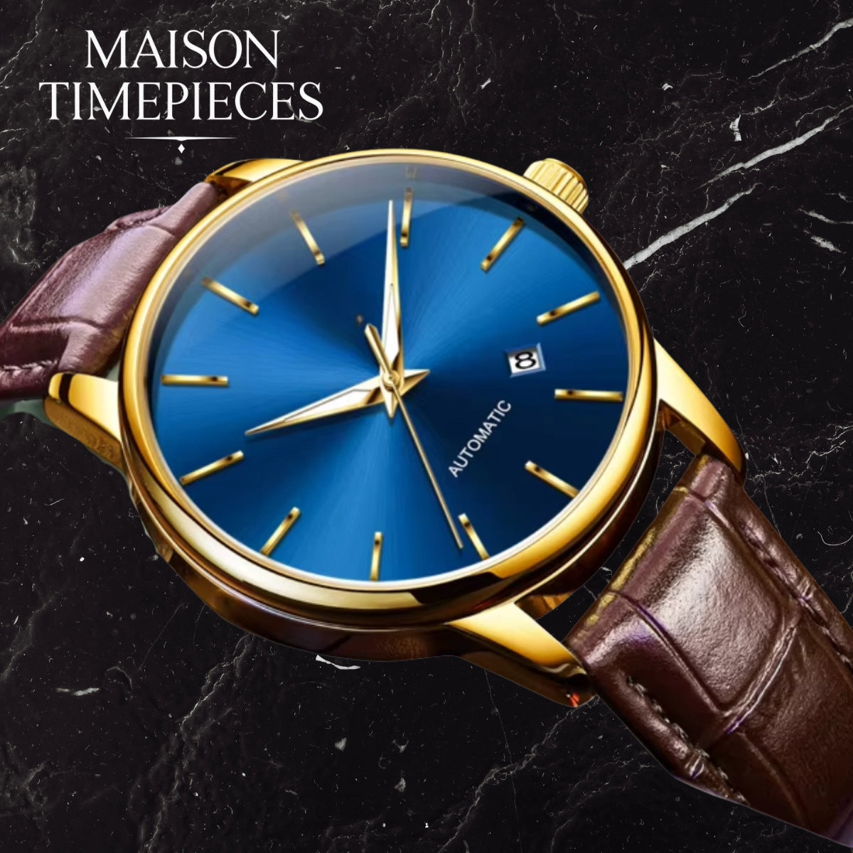 Luxury watch with blue dial and brown leather strap on a dark marble background, branded 'MAISON TIMEPIECES'.