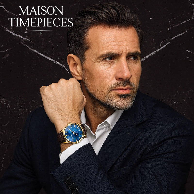 Man wearing a watch with 'MAISON TIMEPIECES' branding on a dark marble background