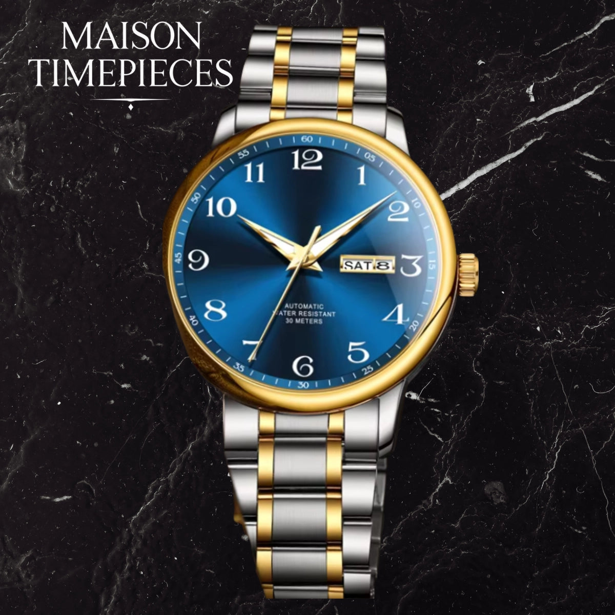 Luxury watch with blue dial and gold accents on a dark marble background, branded 'MAISON TIMEPIECES'.