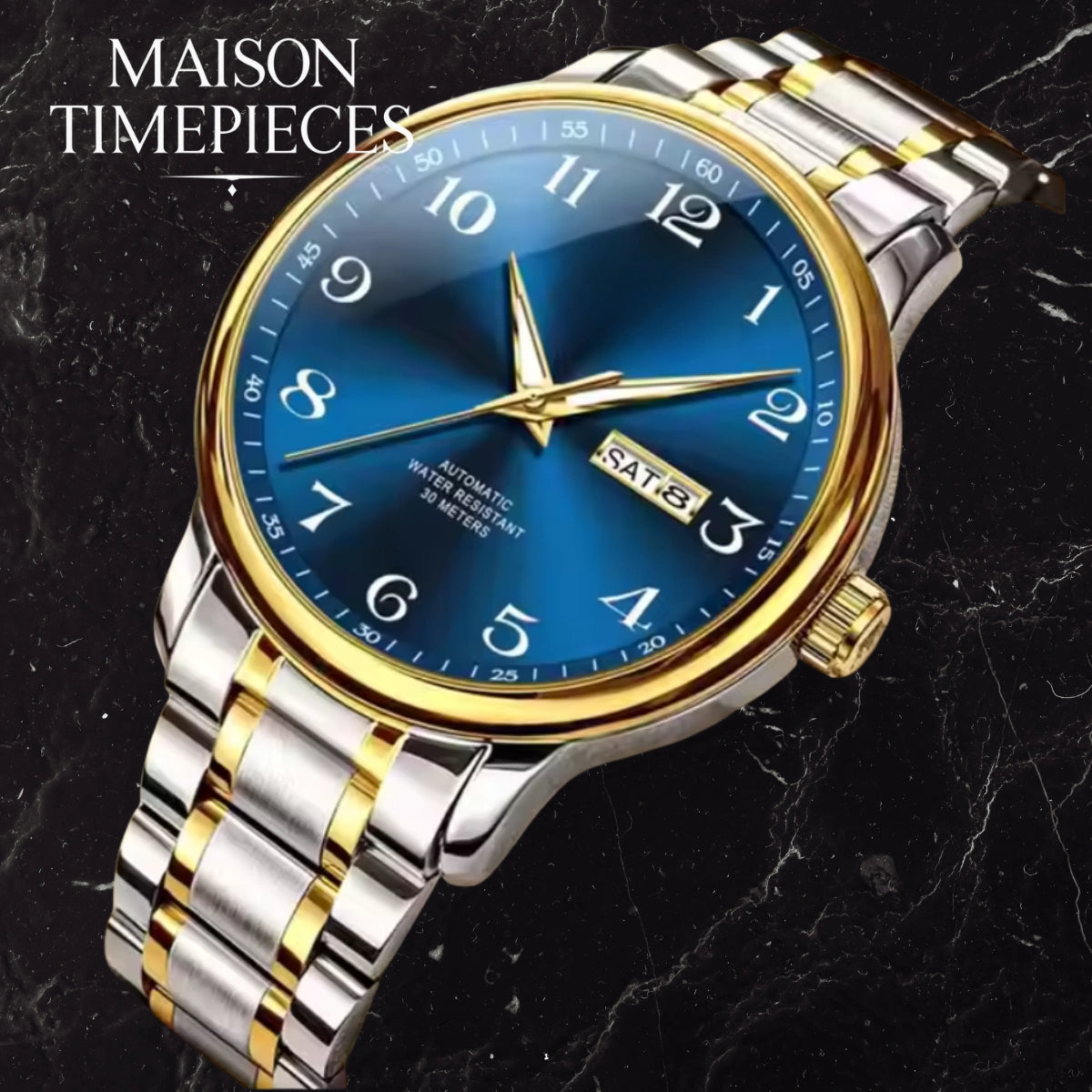 Luxury watch with blue dial and gold accents on a dark background, branded 'Maison Timepieces'.