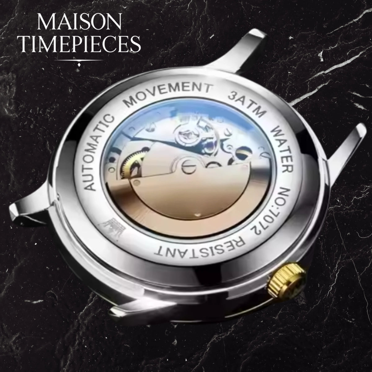 Close-up of a watch mechanism with 'Maison Timepieces' branding on a dark background