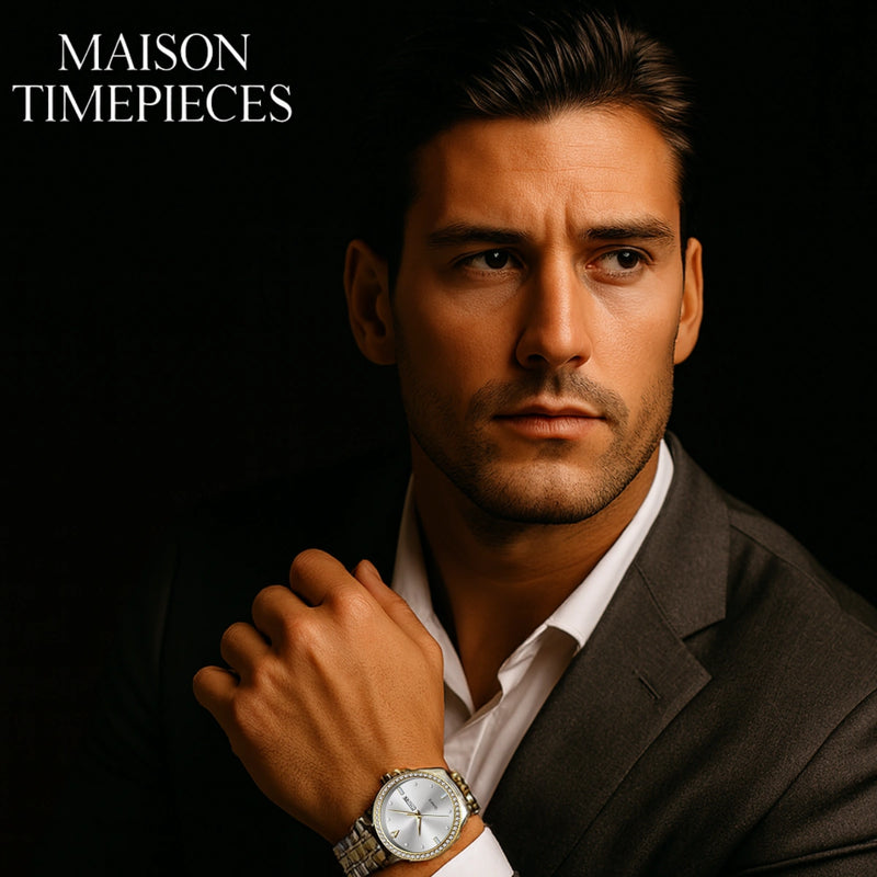 Man wearing a watch with 'MAISON TIMEPIECES' branding