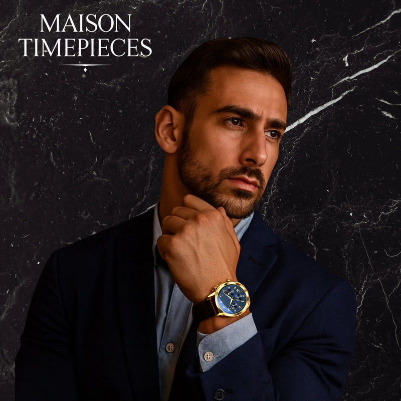 Man wearing a watch with 'Maison Timepieces' branding on a dark marble background