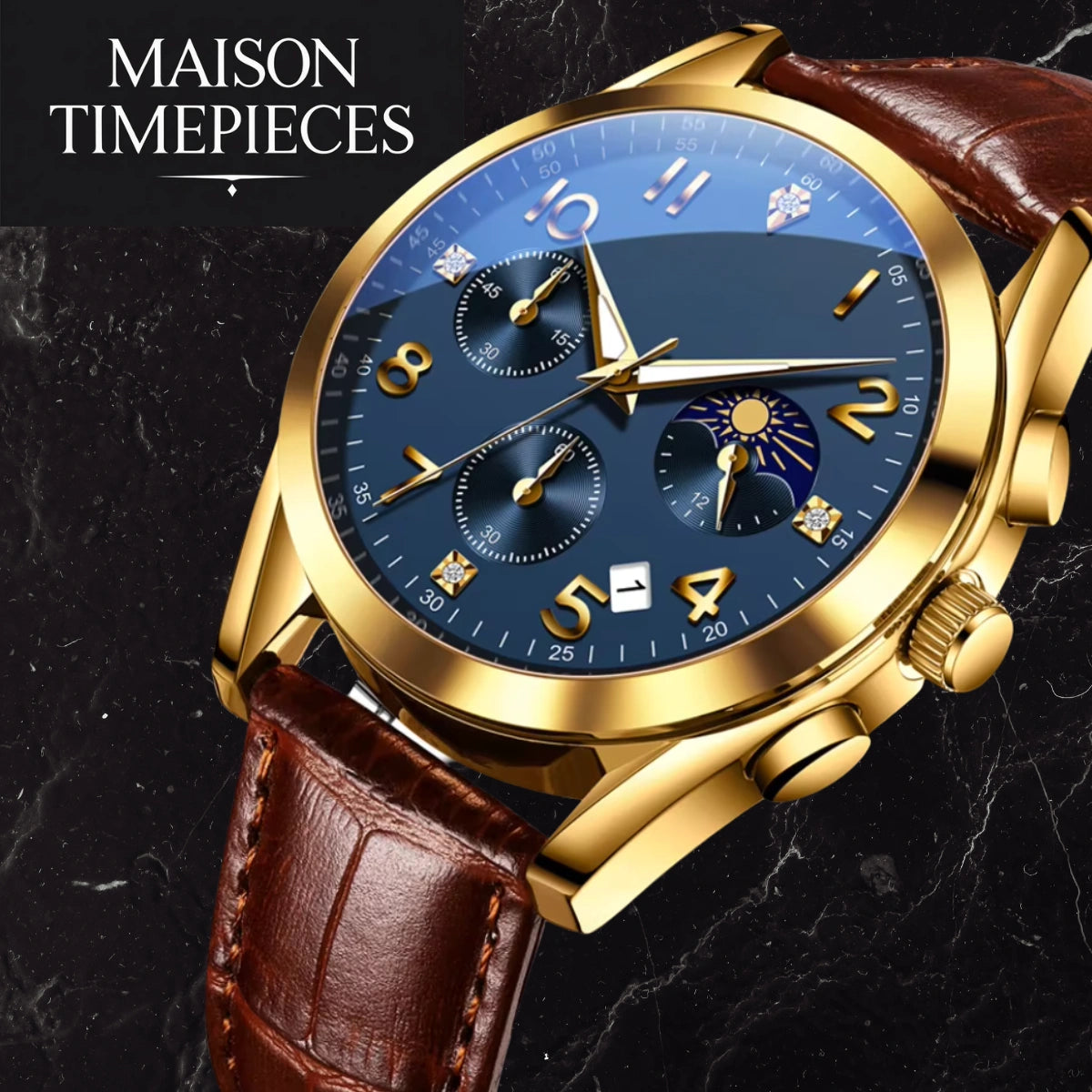 Luxury watch with gold case and brown leather strap on a dark background, branded 'MAISON TIMEPIECES'.