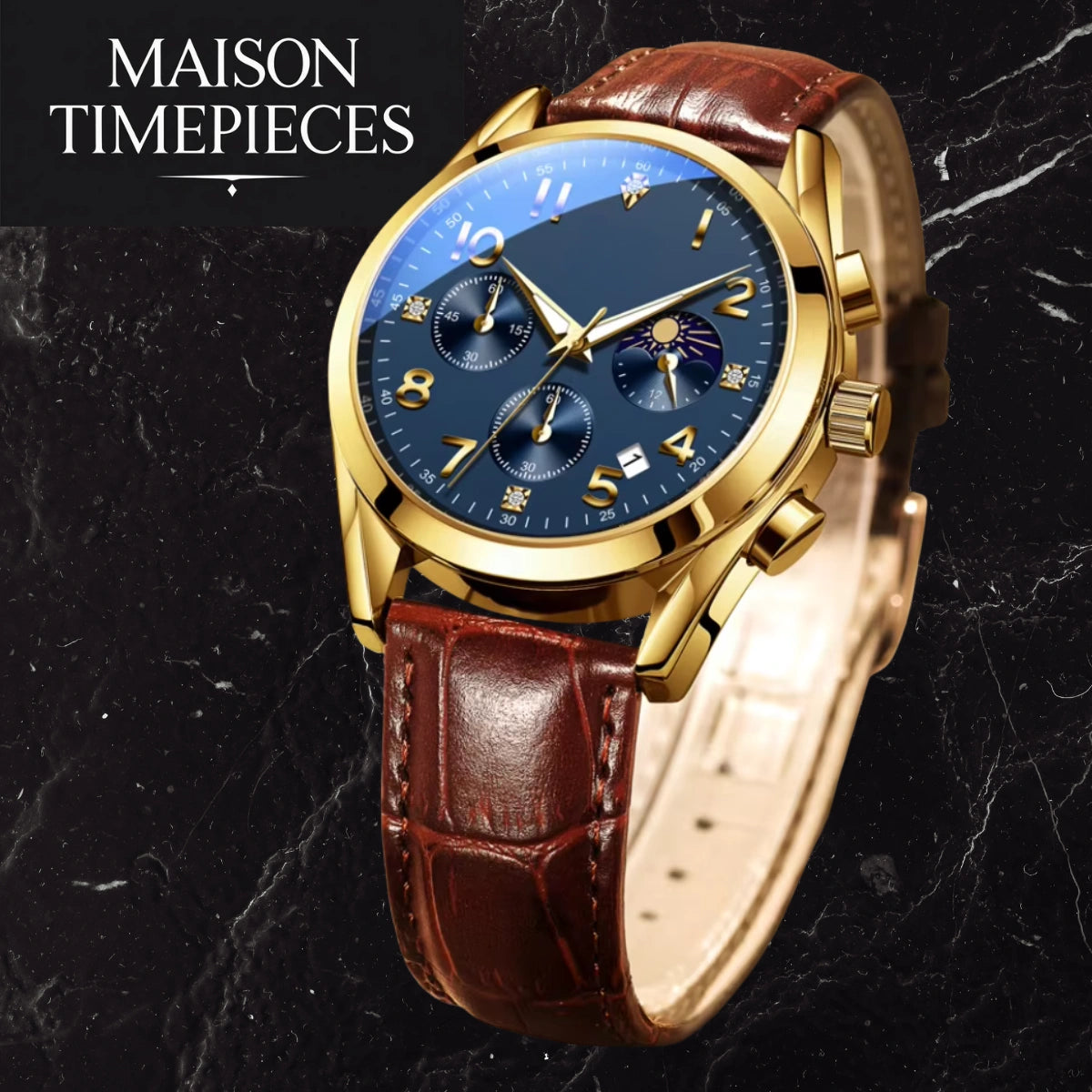 Luxury watch with gold case and brown leather strap on a dark marble background, branded 'MAISON TIMEPIECES'.