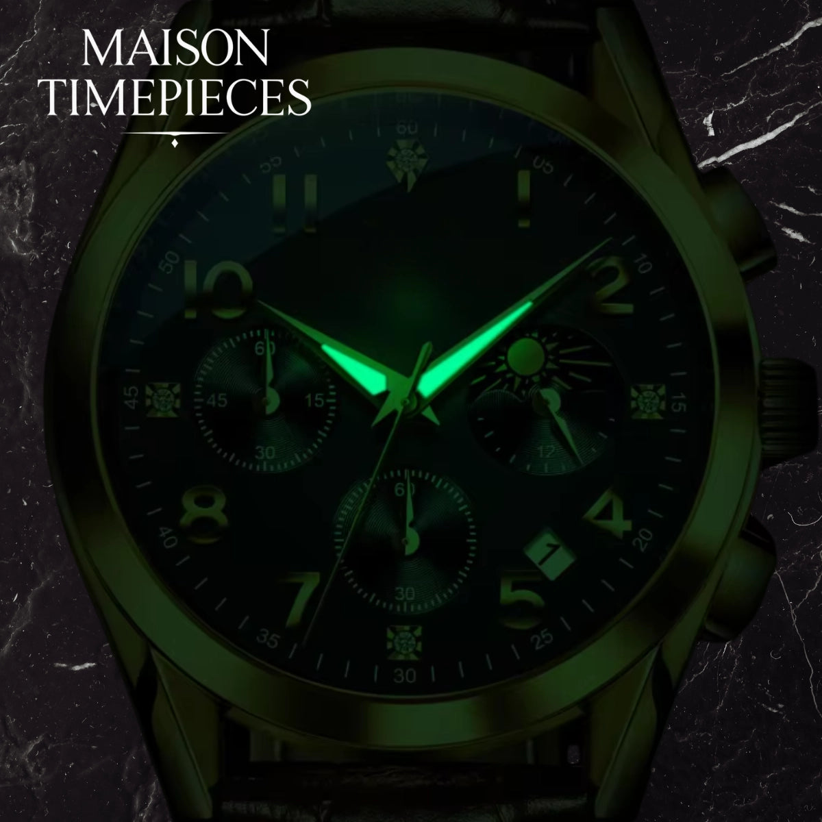 Maison Timepieces watch with green glowing face on a dark background