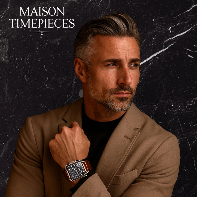 Man wearing a watch with 'Maison Timepieces' branding on a dark marble background