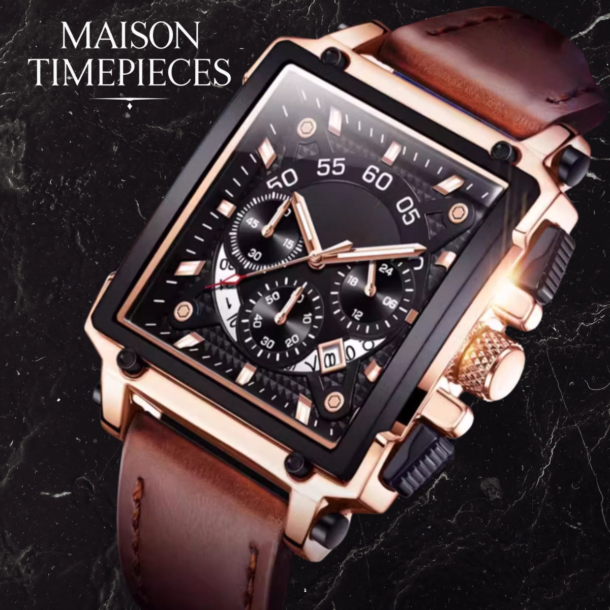 Luxury watch with rose gold case and brown leather strap on a dark background, branded 'MAISON TIMEPIECES'.
