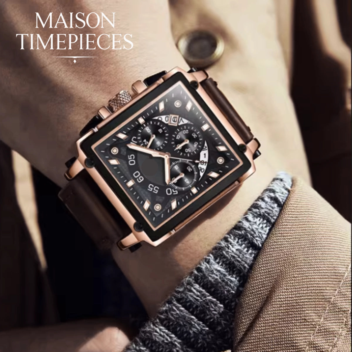 Luxury watch with rose gold case and black face on a wrist, branded 'MAISON TIMEPIECES'.