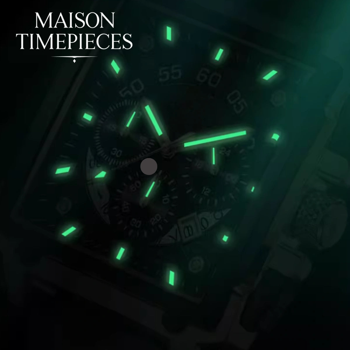 Close-up of a watch face with glowing green markers, branded 'Maison Timepieces'.