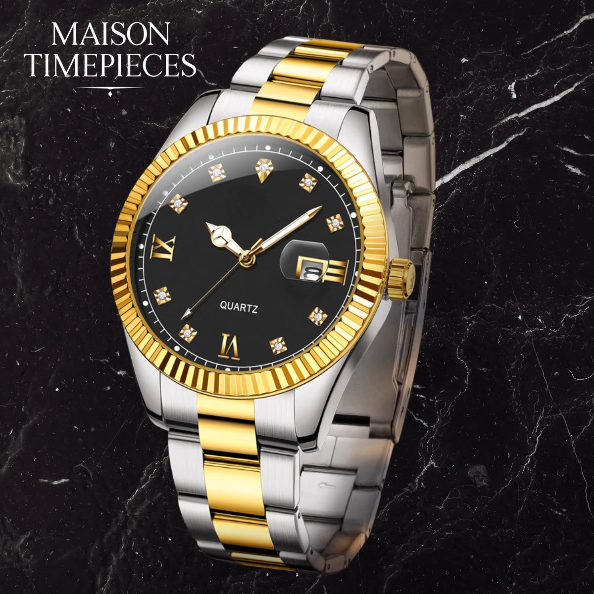 Luxury watch with gold and silver band on a dark marble background, brand 'Maison Timepieces' visible.
