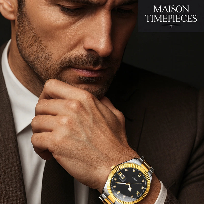 Man wearing a gold and silver watch with 'Maison Timepieces' branding.