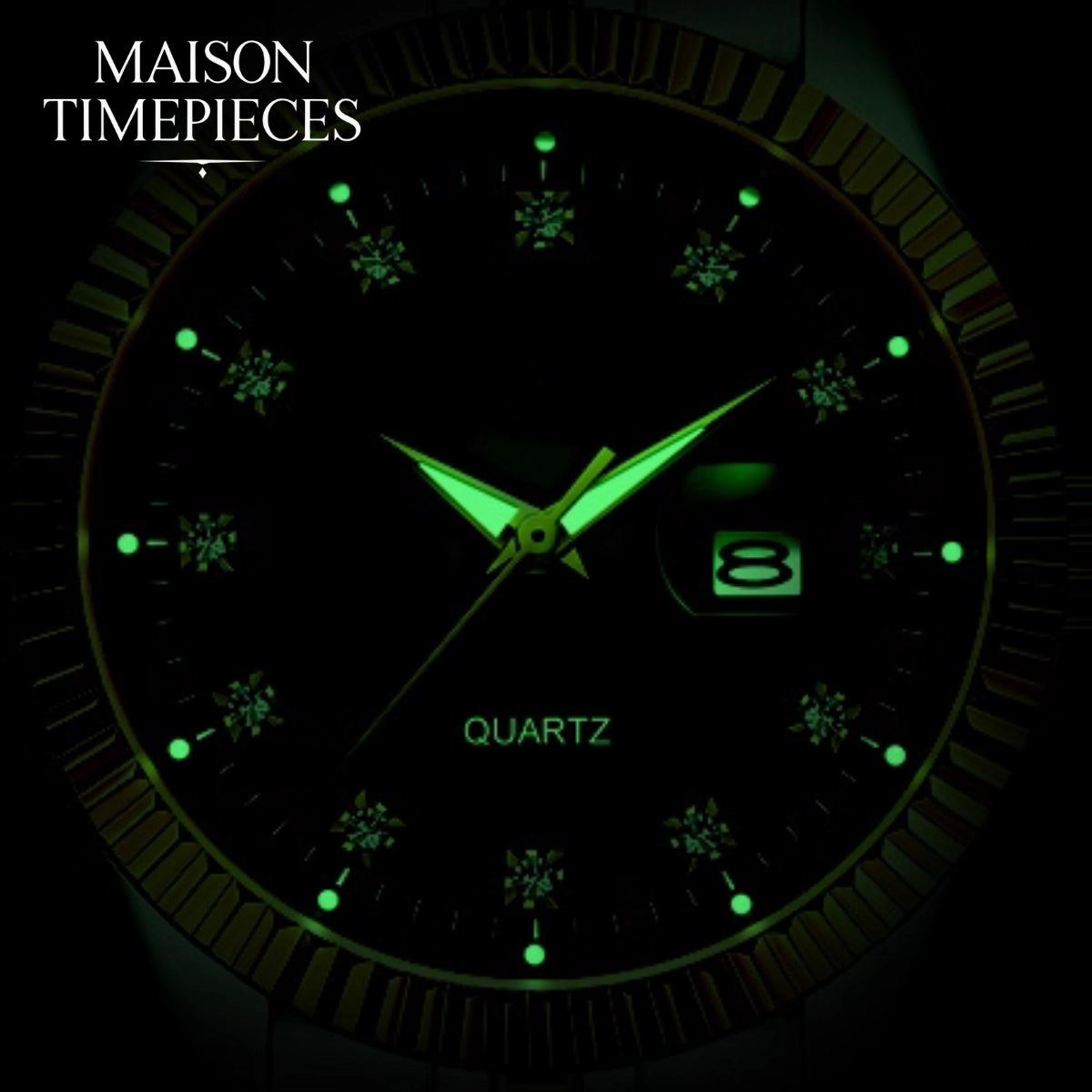 Maison Timepieces watch face with glowing green hands and markers on a dark background
