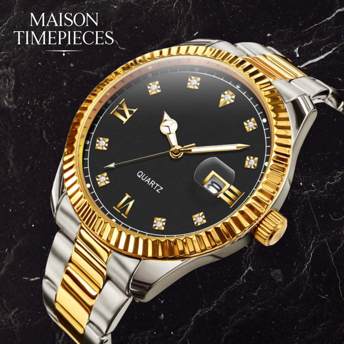 Luxury watch with gold and silver band on a dark marble background, brand 'Maison Timepieces' visible.