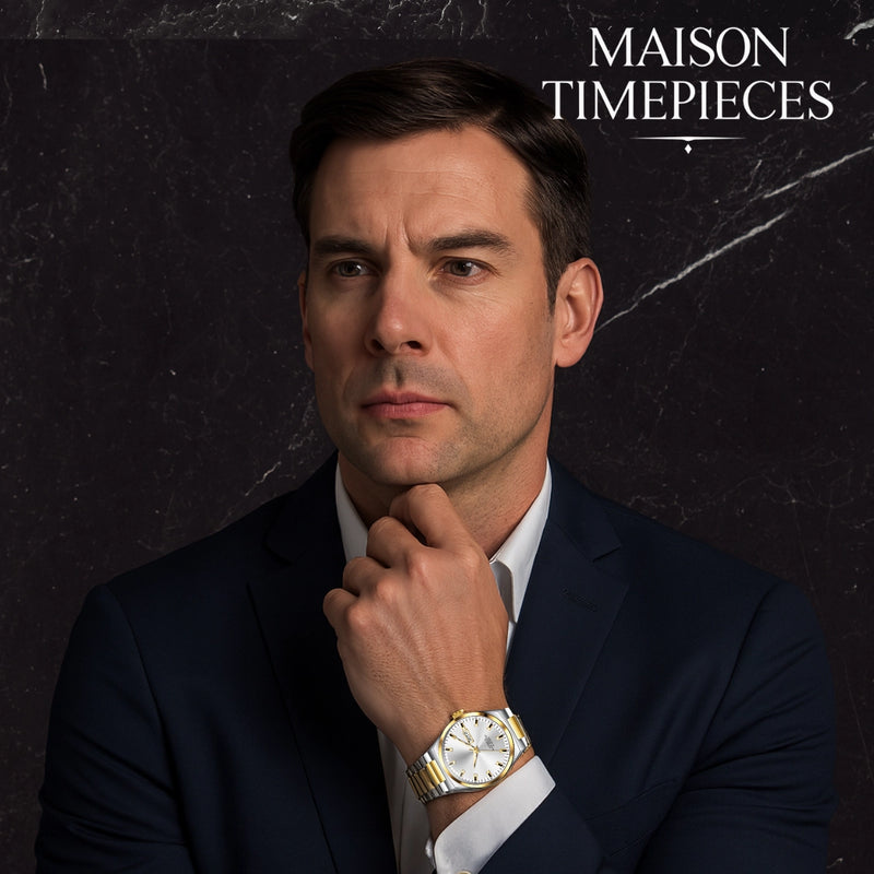 Man wearing a watch with 'MAISON TIMEPIECES' branding on a dark background