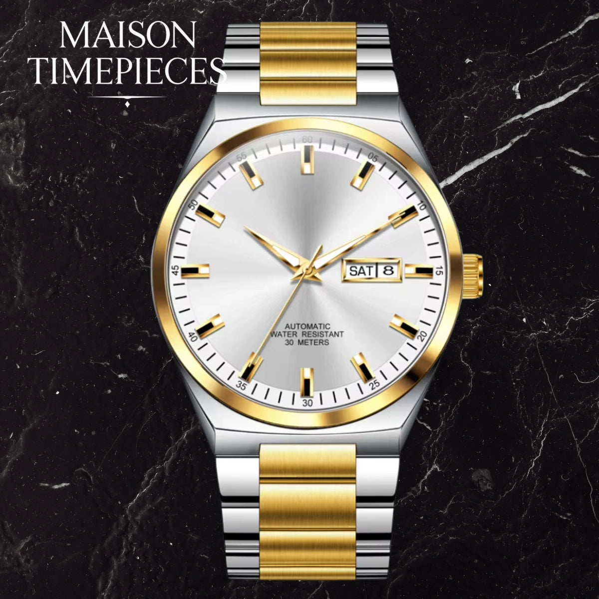 Luxury watch with gold and silver band on a dark marble background, brand 'MAISON TIMEPIECES' visible.
