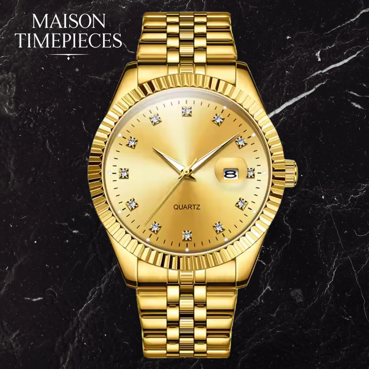 Gold wristwatch with diamond accents on a black marble background, branded 'Maison Timepieces'.