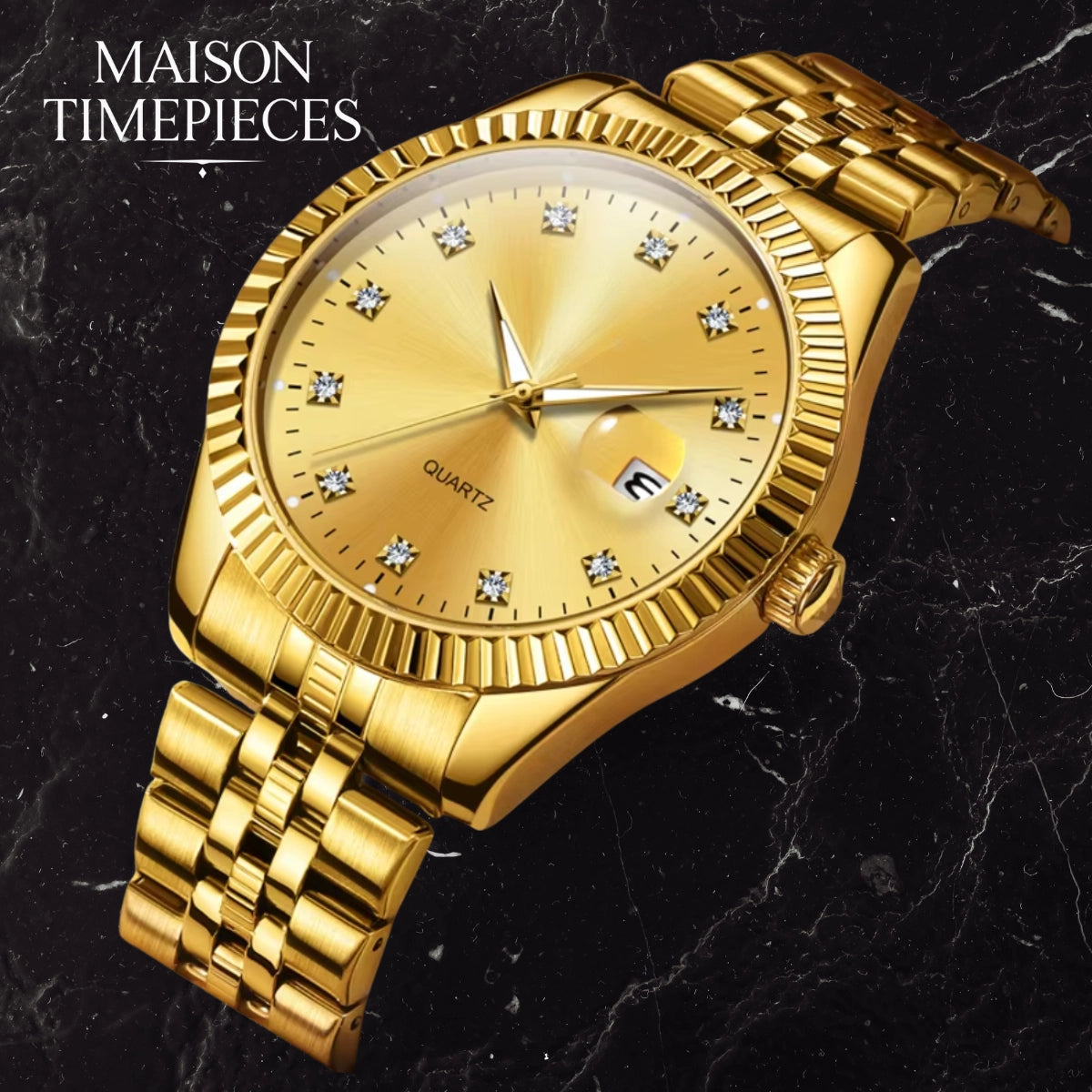 Gold wristwatch with diamond accents on a black marble background, branded 'Maison Timepieces'.