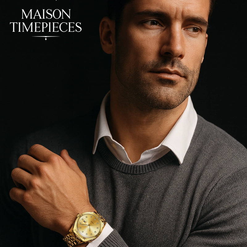 Man wearing a gold watch with 'Maison Timepieces' branding
