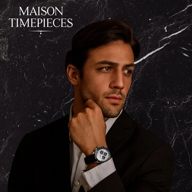 Man wearing a watch with 'Maison Timepieces' branding on a dark marble background