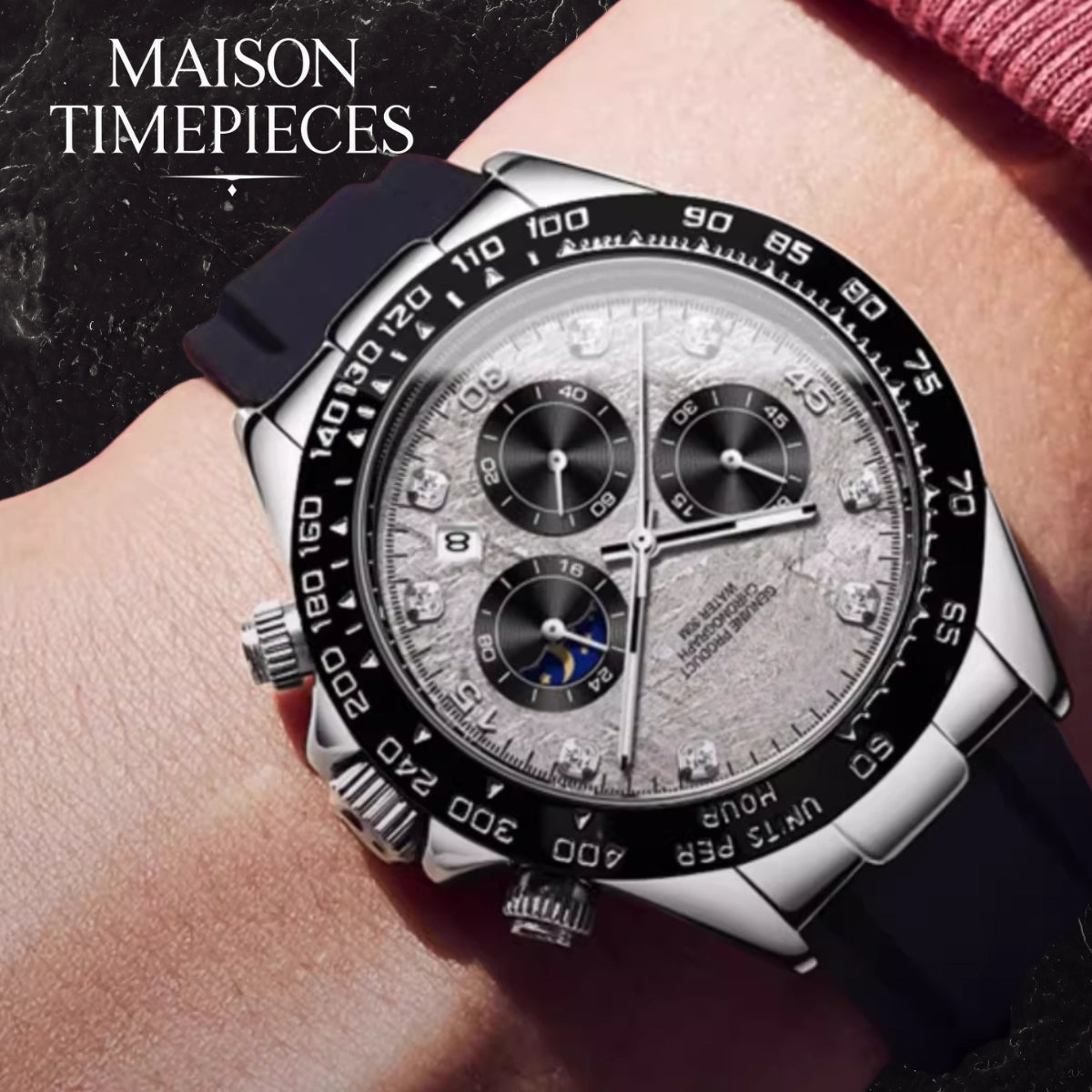 Luxury watch on a wrist with 'MAISON TIMEPIECES' branding.