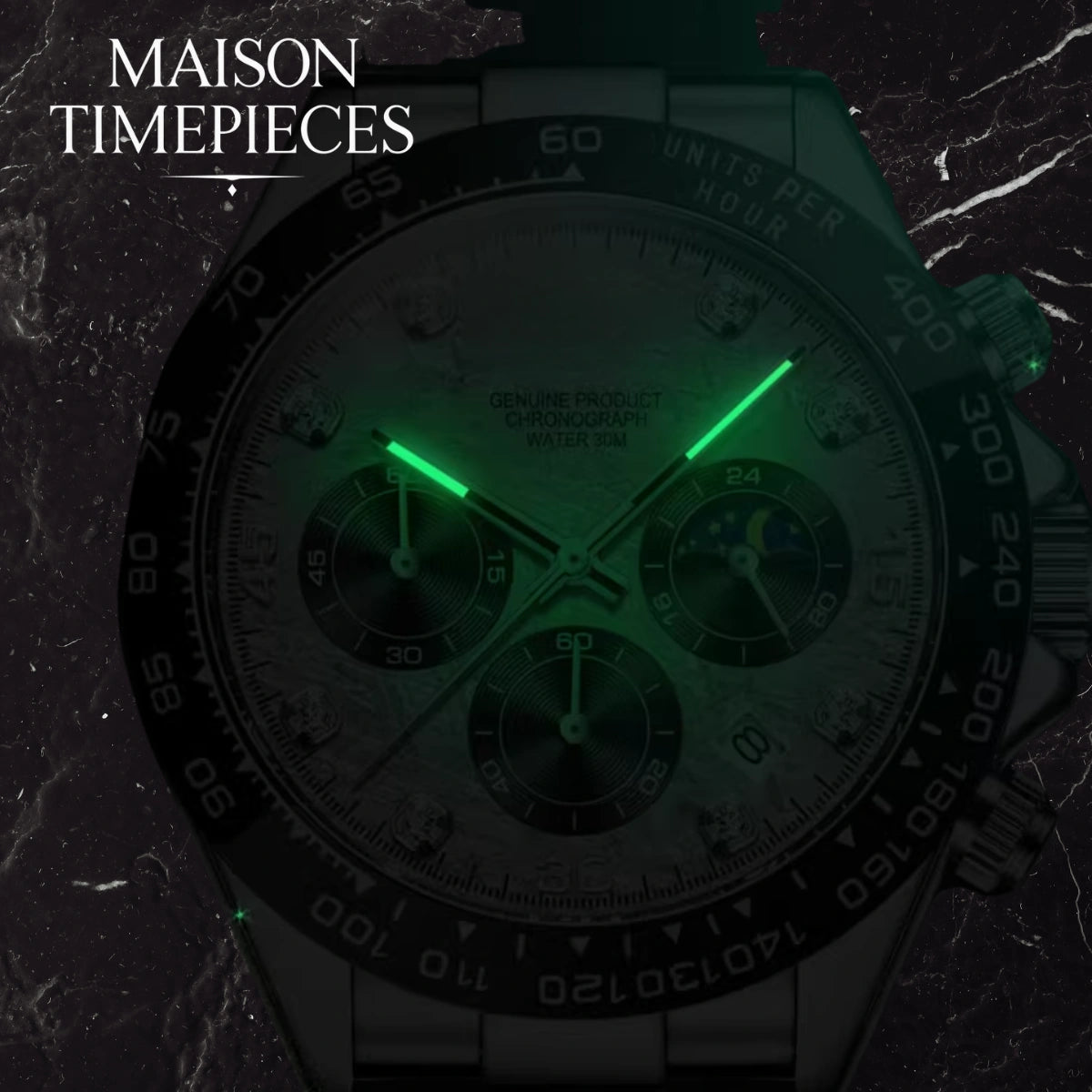 Maison Timepieces watch with glowing green face on dark background