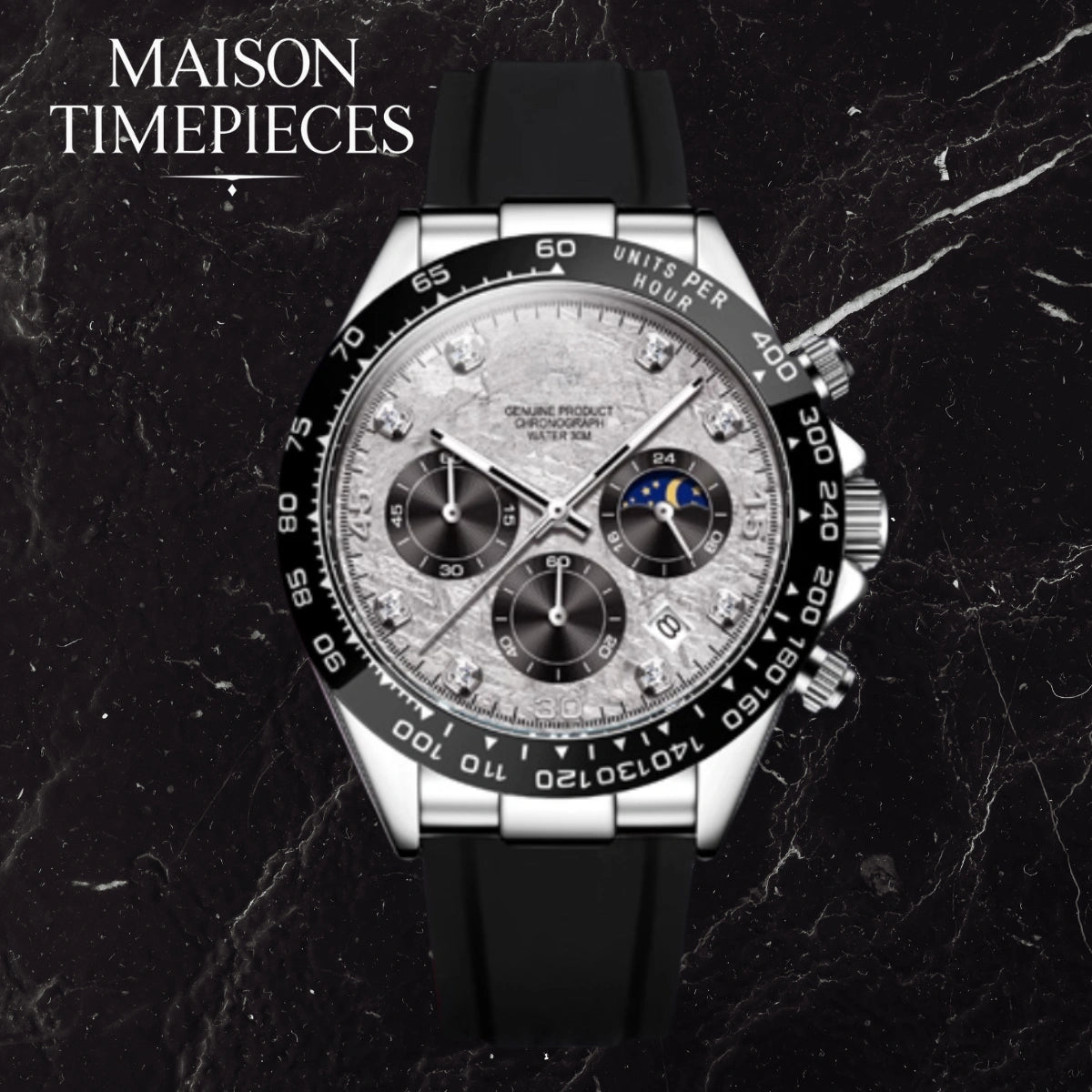 Luxury watch with detailed face on a dark marble background, featuring 'MAISON TIMEPIECES' branding.