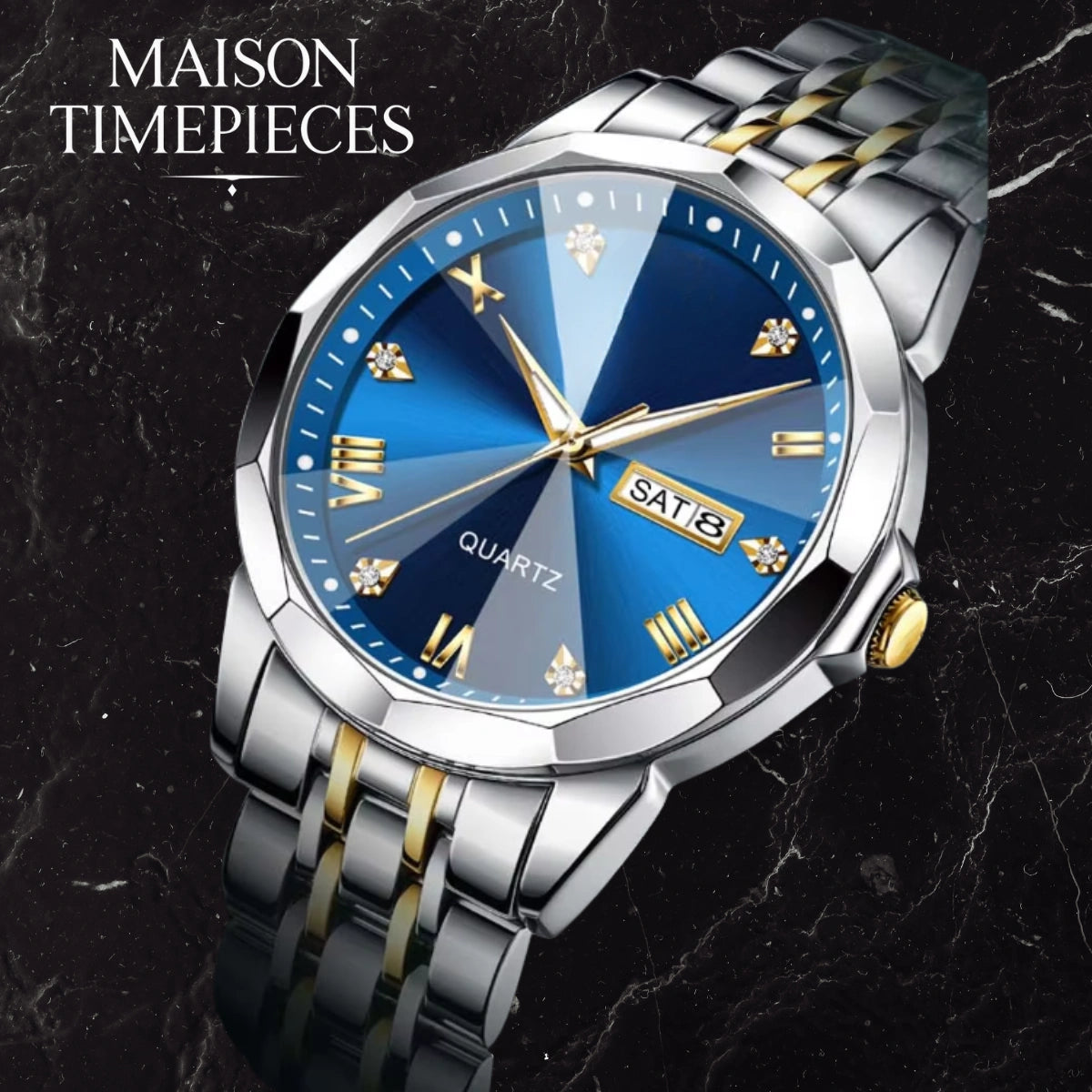Silver and gold watch with blue face on a dark background, branded 'MAISON TIMEPIECES'.